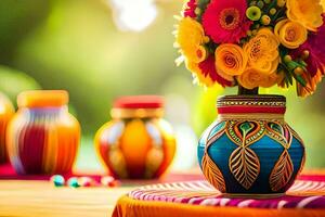 colorato vasi con colorato fiori su un' tavolo. ai-generato foto