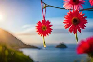 foto sfondo il cielo, fiori, il mare, il montagne, il sole, il mare,. ai-generato