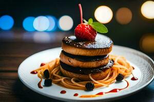 un' piatto con un' pila di Pancakes e frutti di bosco. ai-generato foto