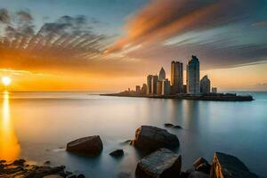 il sole imposta al di sopra di il città orizzonte nel dubai. ai-generato foto