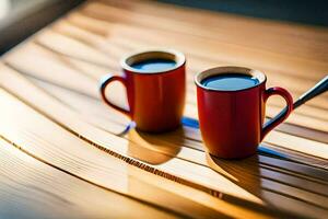 Due tazze di caffè su un' di legno tavolo. ai-generato foto