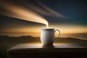 un' tazza di caffè su un' tavolo con un' tramonto nel il sfondo. ai-generato foto