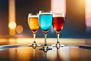 tre bicchieri di colorato bevande su un' tavolo. ai-generato foto