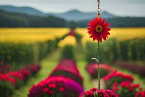 un' rosso fiore è nel un' vaso su un' campo. ai-generato foto