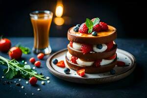 un' torta con frutti di bosco e crema su un' piatto. ai-generato foto