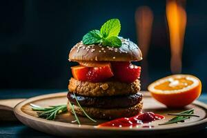 un' Hamburger con frutta e erbe aromatiche su un' piatto. ai-generato foto