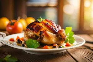 un' pollo su un' piatto con verdure e pomodori. ai-generato foto