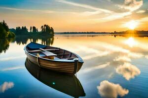 un' barca su un' lago a tramonto. ai-generato foto