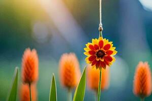 un' rosso e giallo fiore sospeso a partire dal un' corda. ai-generato foto