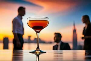 un' cocktail bicchiere con un' tramonto nel il sfondo. ai-generato foto