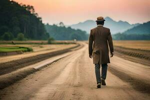 un' uomo nel un' completo da uomo passeggiate giù un' sporco strada. ai-generato foto