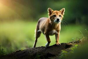 un' piccolo cane è in piedi su superiore di un' collina. ai-generato foto