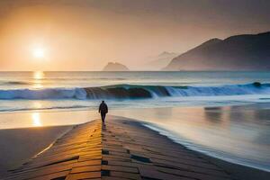 un' persona a piedi lungo il spiaggia a tramonto. ai-generato foto