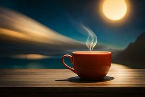 un' rosso tazza di caffè su un' tavolo con un' pieno Luna nel il sfondo. ai-generato foto