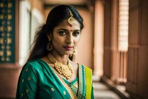 un' bellissimo indiano donna nel un' verde sari. ai-generato foto