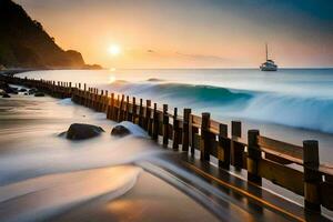 un' barca è andare in barca su il oceano a tramonto. ai-generato foto