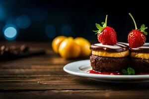 Due torte con fragole su superiore su un' bianca piatto. ai-generato foto