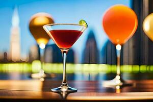 un' cocktail nel un' Martini bicchiere su un' tavolo con città luci nel il sfondo. ai-generato foto