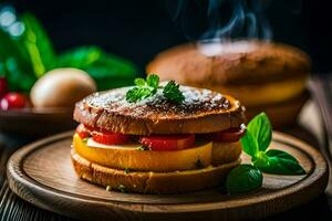 un' Sandwich con formaggio e pomodori su un' di legno piatto. ai-generato foto