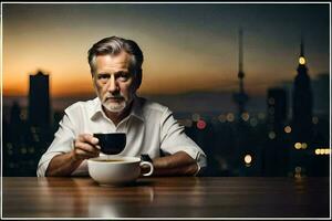 un più vecchio uomo seduta a un' tavolo con un' tazza di caffè. ai-generato foto
