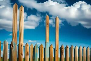 un' di legno recinto con blu cielo e nuvole nel il sfondo. ai-generato foto