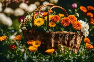 un' cestino pieno di fiori nel un' giardino. ai-generato foto