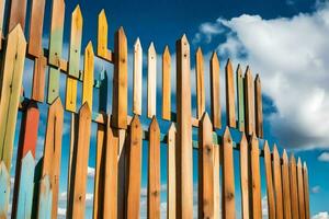 un' di legno recinto con molti diverso colorato di legno bastoni. ai-generato foto