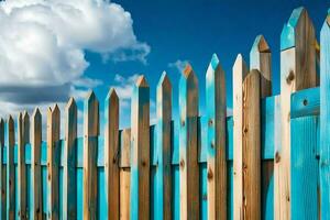 un' di legno recinto con blu messaggi e un' blu cielo. ai-generato foto