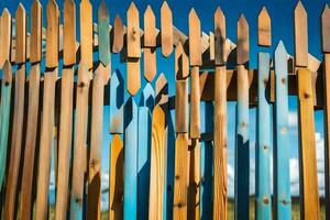 un' di legno recinto con molti diverso colorato di legno bastoni. ai-generato foto