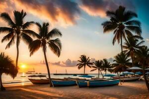 un' bellissimo tramonto su il spiaggia con Barche e palma alberi. ai-generato foto