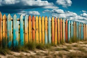 colorato recinto su il spiaggia con nuvole nel il sfondo. ai-generato foto