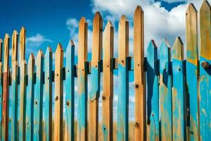 un' di legno recinto con blu dipingere su esso. ai-generato foto