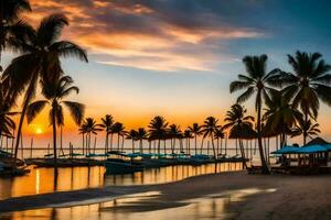 il tramonto è riflessa nel il acqua a un' spiaggia con palma alberi. ai-generato foto