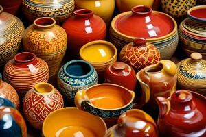 molti colorato ceramica vasi siamo disposte insieme. ai-generato foto