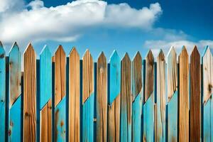 un' di legno recinto con blu e bianca dipingere. ai-generato foto