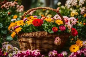 un' cestino pieno di colorato fiori su un' erboso campo. ai-generato foto