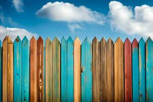 un' di legno recinto con blu cielo e nuvole nel il sfondo. ai-generato foto