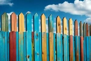 un' colorato di legno recinto con blu cielo nel il sfondo. ai-generato foto