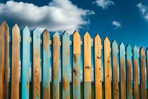 un' di legno recinto con blu e giallo dipingere. ai-generato foto