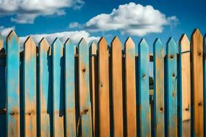 un' di legno recinto con blu dipingere su esso. ai-generato foto