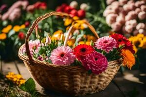 un' cestino pieno di colorato fiori su un' di legno tavolo. ai-generato foto