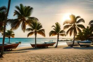 Barche su il spiaggia a tramonto. ai-generato foto