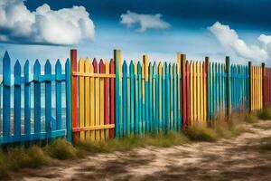 colorato recinto su il spiaggia con blu cielo e nuvole. ai-generato foto