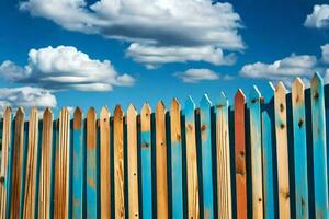 un' di legno recinto con blu e bianca nuvole nel il cielo. ai-generato foto