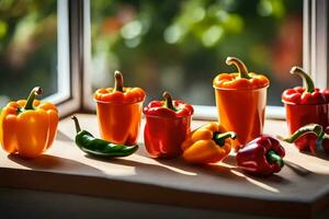 piccolo peperoni e peperoni nel piccolo tazze su un' finestra davanzale. ai-generato foto