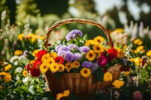 un' cestino pieno di colorato fiori nel un' giardino. ai-generato foto
