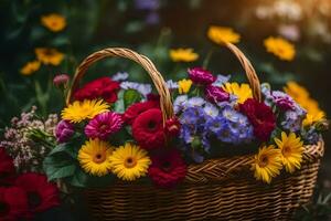 un' cestino pieno di colorato fiori è seduta su il erba. ai-generato foto