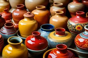 molti colorato ceramica vasi siamo visualizzato su un' tavolo. ai-generato foto