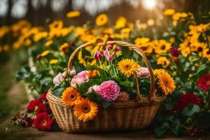 un' cestino pieno di fiori su il terra. ai-generato foto