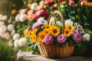 un' cestino pieno di fiori seduta su un' pietra. ai-generato foto